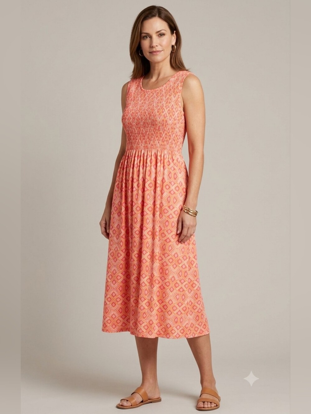 NWT Croft & Barrow Orange Pink Smocked Medallion Printed Midi Dress Size Medium